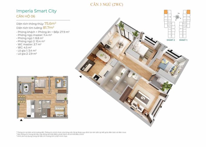 Mẫu thiết kế căn hộ 3 phòng ngủ chung cư Imperia Smart City